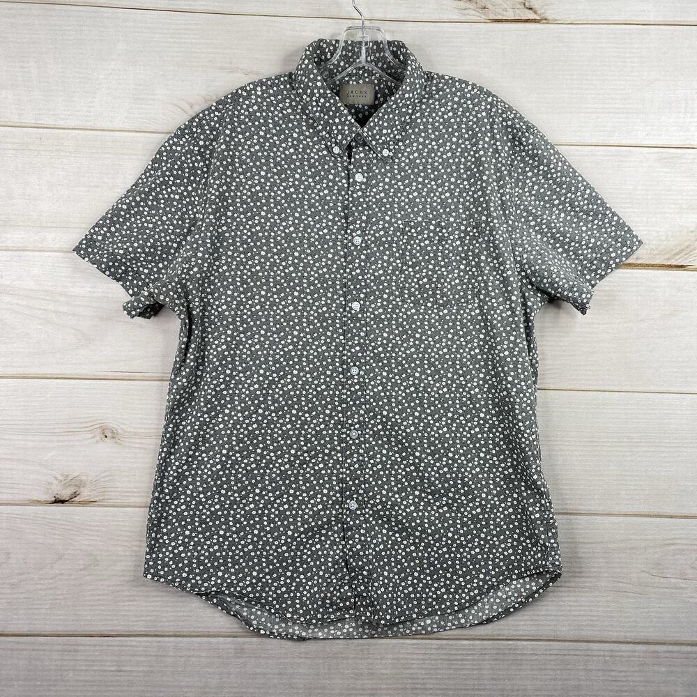 JACHS New York Shirt Mens M Gray Floral Print Short Sleeve Button Down Stretch
